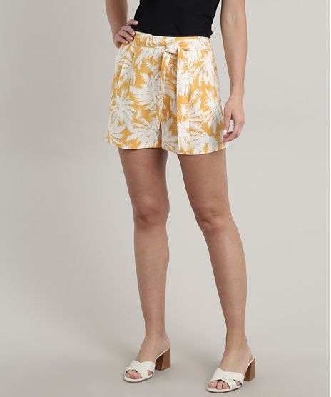 Short-Feminino-Estampado-de-Coqueiros-em-Linho-com-Bolsos-e-Faixa-para-Amarrar-Mostarda-9637740-Mostarda_1