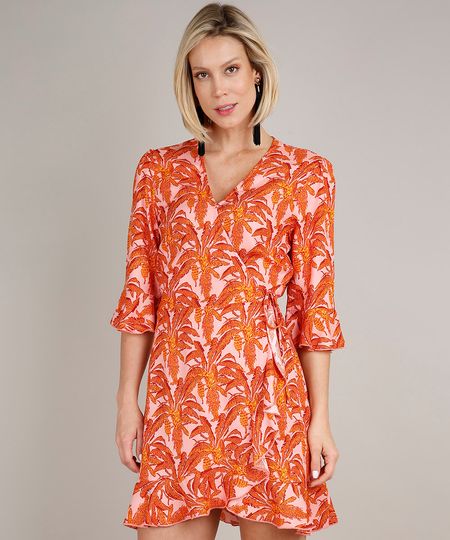 Vestido-Feminino-Curto-Envelope-Estampado-de-Folhagem-Manga-3-4-Rosa-9645434-Rosa_1
