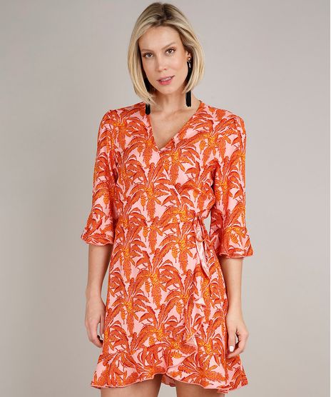 Vestido-Feminino-Curto-Envelope-Estampado-de-Folhagem-Manga-3-4-Rosa-9645434-Rosa_1