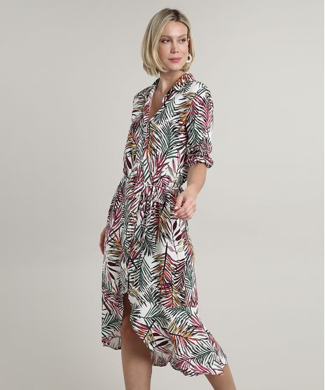Vestido-Chemise-Feminino-Midi-Estampado-de-Folhagem-Manga-3-4-Branco-9670980-Branco_1