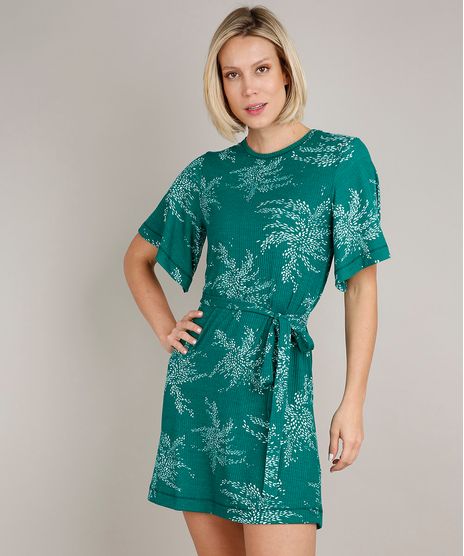 Vestido-Feminino-Curto-Estampado-de-Folhagem-com-Faixa-para-Amarrar-Manga-Curta-Verde-9706144-Verde_1