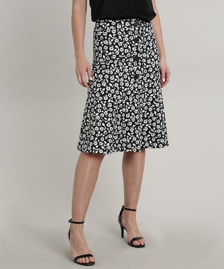 Saia-Feminina-Midi-Estampada-Floral-com-Botoes-Preto-9692351-Preto_1