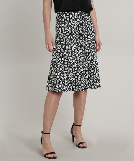 Saia-Feminina-Midi-Estampada-Floral-com-Botoes-Preto-9692351-Preto_1