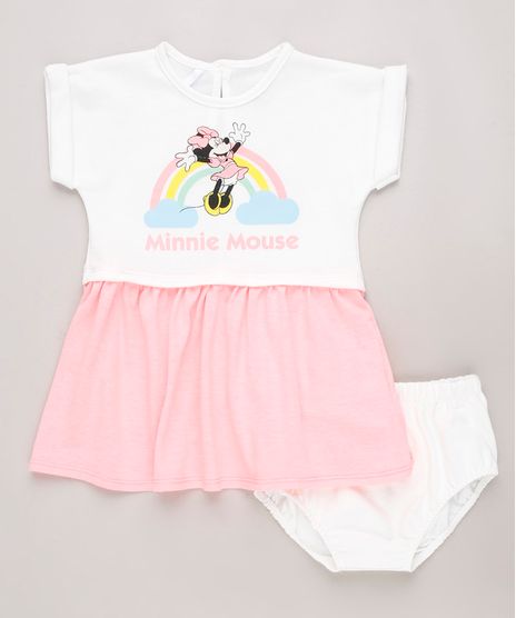 Vestido-Infantil-Minnie-Mouse-Neon-em-Moletom-Manga-Curta---Calcinha-Branco-9703054-Branco_1