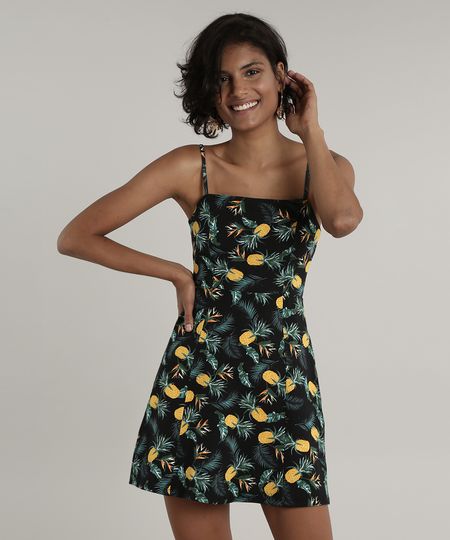 Vestido-Feminino-Curto-Estampado-de-Abacaxi-Alca-Fina-Preto-9706294-Preto_1