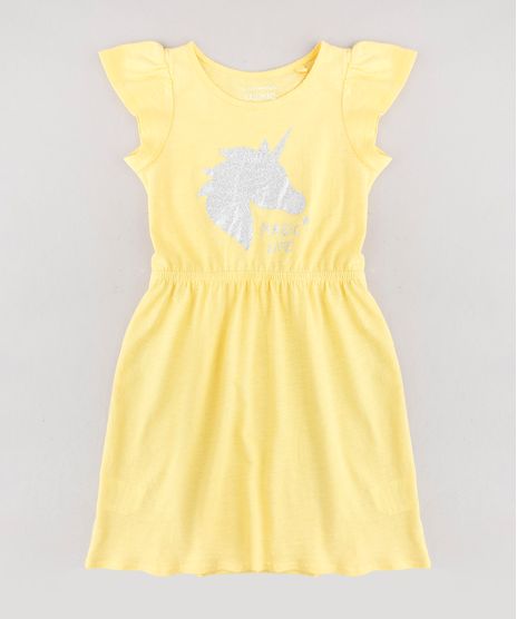 Vestido-Infantil-Unicornio-com-Glitter-Manga-Curta-Amarelo-9619969-Amarelo_1