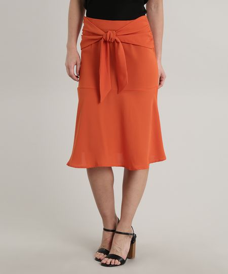 Saia-Feminina-Midi-com-Faixa-para-Amarrar-Laranja-9649863-Laranja_1