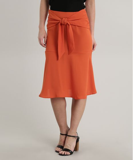 Saia-Feminina-Midi-com-Faixa-para-Amarrar-Laranja-9649863-Laranja_1