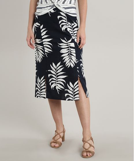 Saia-Feminina-Midi-Estampada-de-Folhagem-em-Linho-com-Fendas-Azul-Marinho-9637722-Azul_Marinho_1