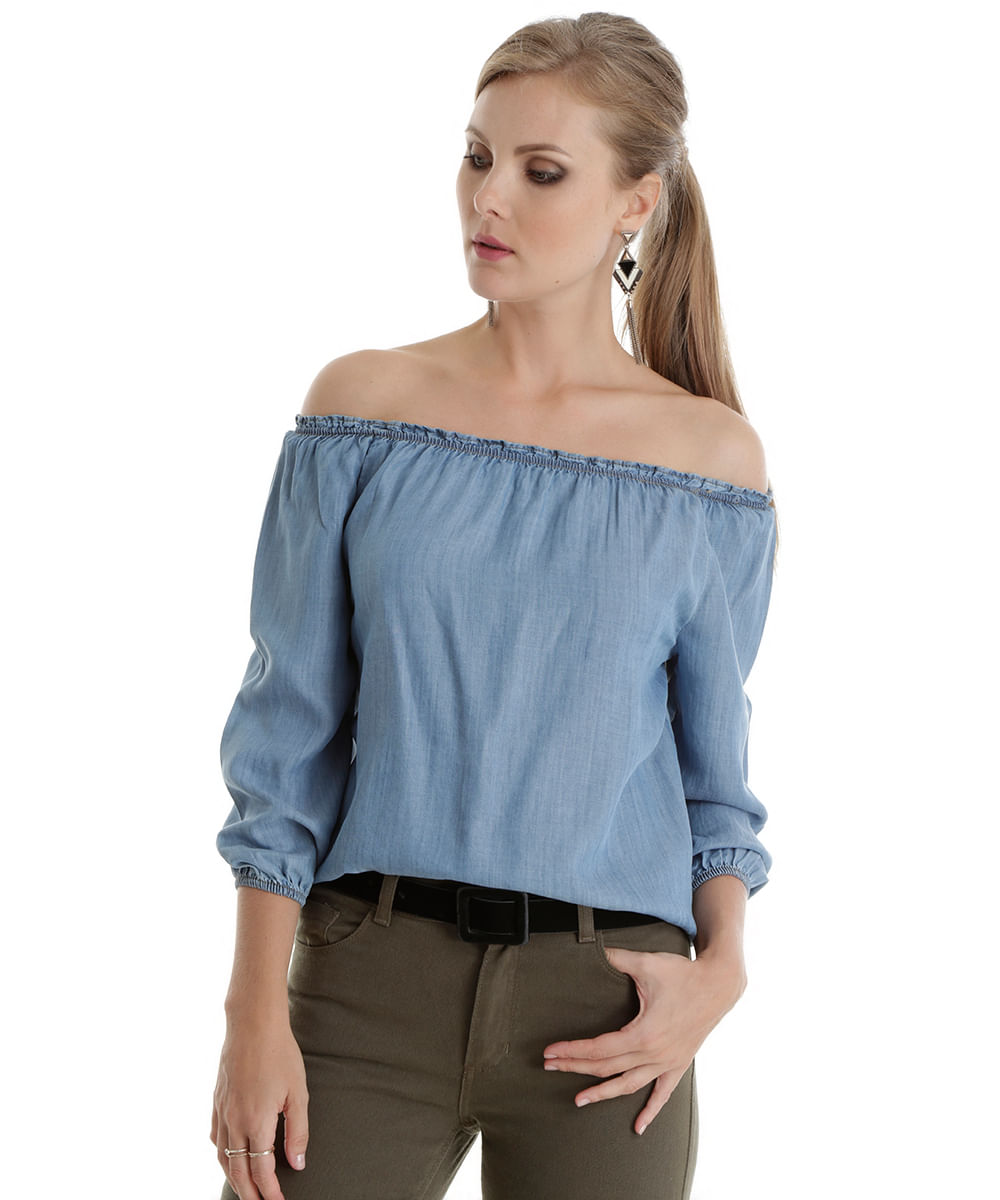 blusa jeans feminina ombro a ombro