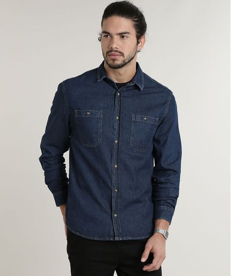 Camisa-Jeans-Masculina-Tradicional-com-Bolsos-Manga-Longa-Azul-Escuro-9588238-Azul_Escuro_1