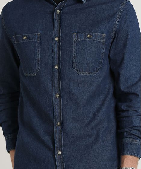 Camisa Jeans Masculina Tradicional Com Bolsos Manga Longa Azul