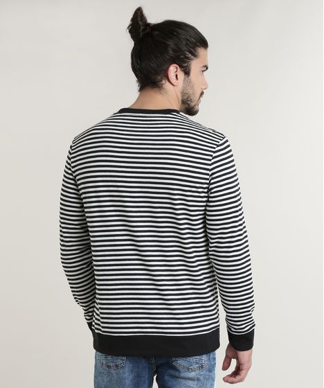 Camiseta Masculina E T Listrada Manga Longa Gola Careca Preta Cea