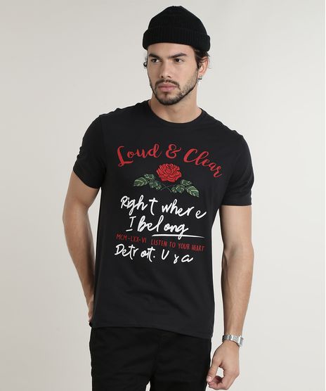 Camiseta-Masculina--Loud-e-Clear--com-Bordado-Floral-Manga-Curta-Gola-Careca-Preta-9737535-Preto_1
