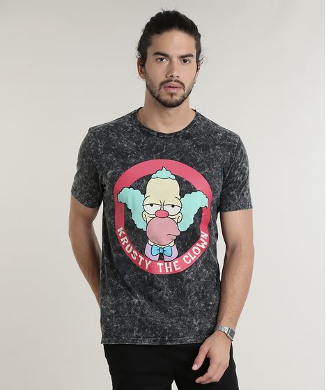 Camiseta Oxer Básica Mescla Raglan Masculina Camiseta Masculina Krusty Os Simpsons Marmorizada Manga Curta Gola Careca Chumbo Cea