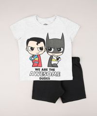 Conjunto-Infantil-Batman-e-Super-Homem-de-Camiseta-Manga-Curta-Cinza-Mescla-Claro---Bermuda-em-Moletom-Preta-9752864-Preto_1