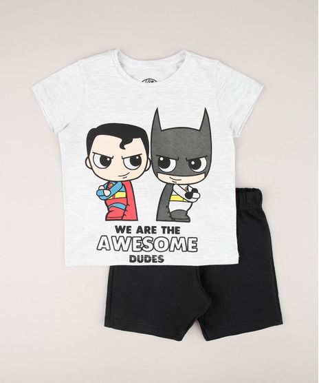 Conjunto-Infantil-Batman-e-Super-Homem-de-Camiseta-Manga-Curta-Cinza-Mescla-Claro---Bermuda-em-Moletom-Preta-9752864-Preto_1