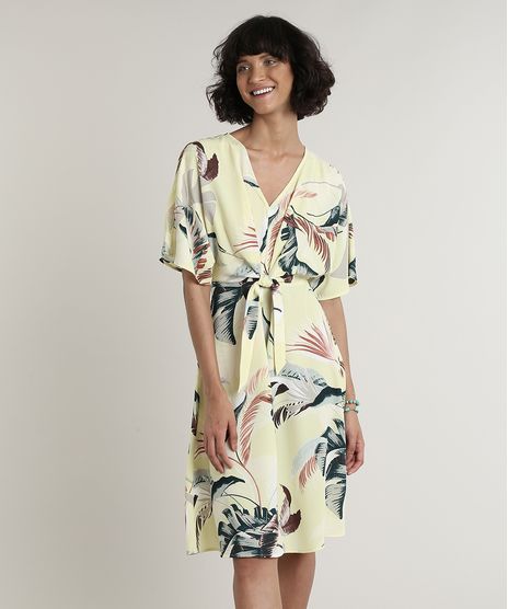 Vestido-Feminino-Curto-Estampado-de-Folhagem-com-No-Manga-Curta-Amarelo-Claro-9649858-Amarelo_Claro_1