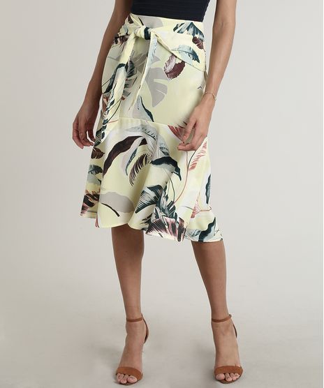 Saia-Feminina-Midi-Estampada-de-Folhagem-com-Faixa-para-Amarrar-Amarela-Claro-9649862-Amarelo_Claro_1