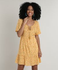 Vestido-Feminino-Curto-Estampado-Floral-com-Tassel-Manga-Curta-Mostarda-9728391-Mostarda_1