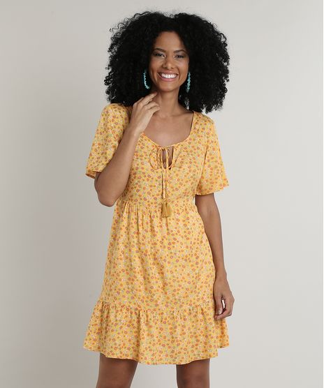 Vestido-Feminino-Curto-Estampado-Floral-com-Tassel-Manga-Curta-Mostarda-9728391-Mostarda_1