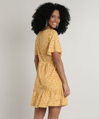 Vestido-Feminino-Curto-Estampado-Floral-com-Tassel-Manga-Curta-Mostarda-9728391-Mostarda_2