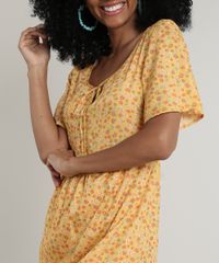 Vestido-Feminino-Curto-Estampado-Floral-com-Tassel-Manga-Curta-Mostarda-9728391-Mostarda_4
