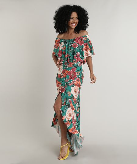 Vestido-Feminino-Longo-Mullet-Ciganinha-Estampado-Floral-com-Babado-Manga-Curta-Verde-9718063-Verde_1