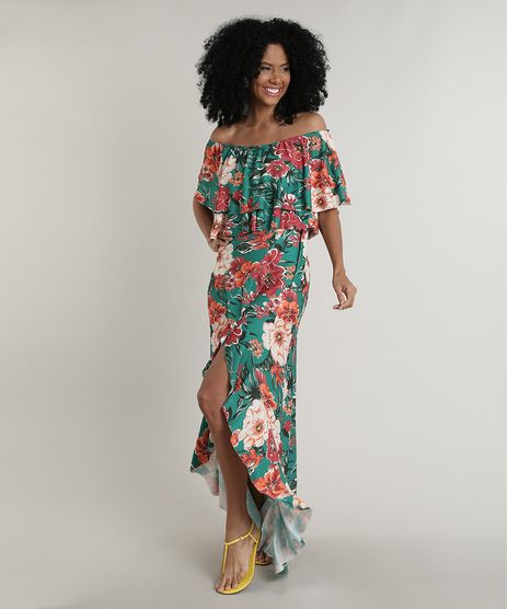 Vestido-Feminino-Longo-Mullet-Ciganinha-Estampado-Floral-com-Babado-Manga-Curta-Verde-9718063-Verde_1