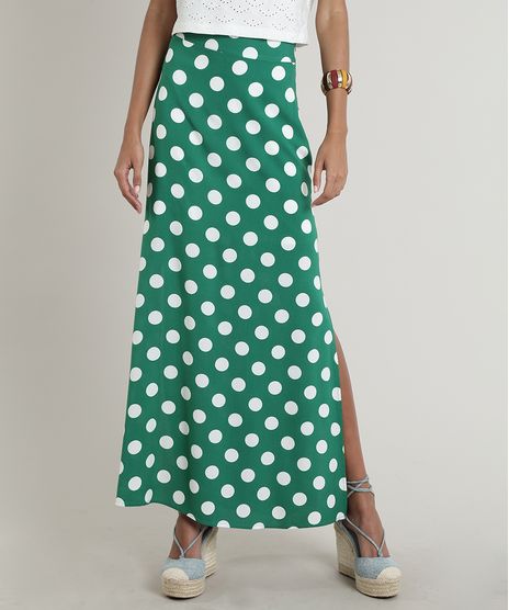 Saia-Feminina-Longa-Estampada-de-Poa-com-Fendas--Verde-9643841-Verde_1