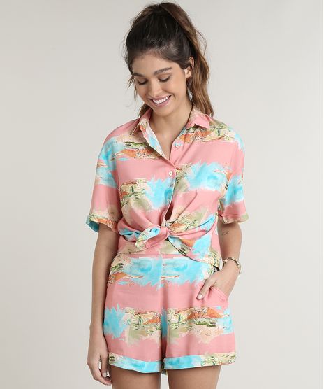 Camisa-Feminina-Estampada-Praia-Aquarelada-com-Fenda-Manga-Curta-Rosa-9703821-Rosa_1