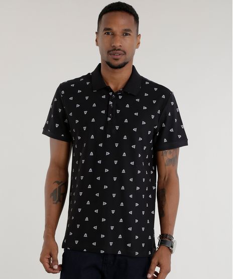 Polo-em-Piquet-Estampada-de-Triangulos-Preta-8557203-Preto_1