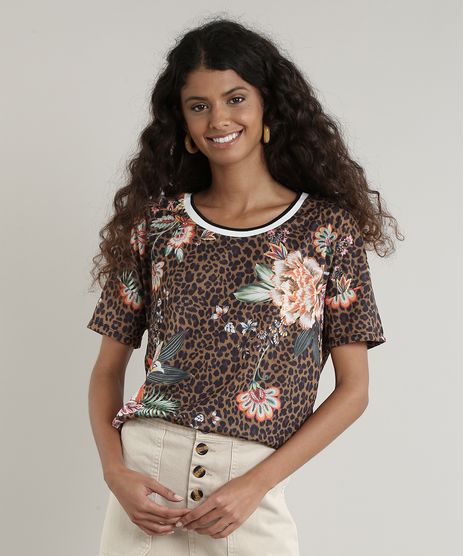 Blusa-Feminina-Estampada-Animal-Print-Onca-com-Flores-Manga-Curta-Decote-Redondo-Bege-9759206-Bege_1