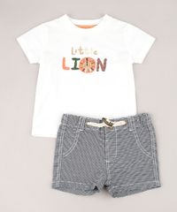 Conjunto-Infantil-de-Camiseta--Little-Lion--Manga-Curta-Off-White---Bermuda-Listrada-Chumbo-9574529-Chumbo_1