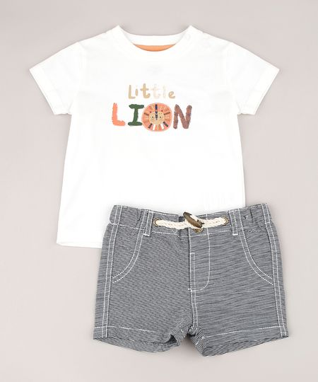 Conjunto-Infantil-de-Camiseta--Little-Lion--Manga-Curta-Off-White---Bermuda-Listrada-Chumbo-9574529-Chumbo_1