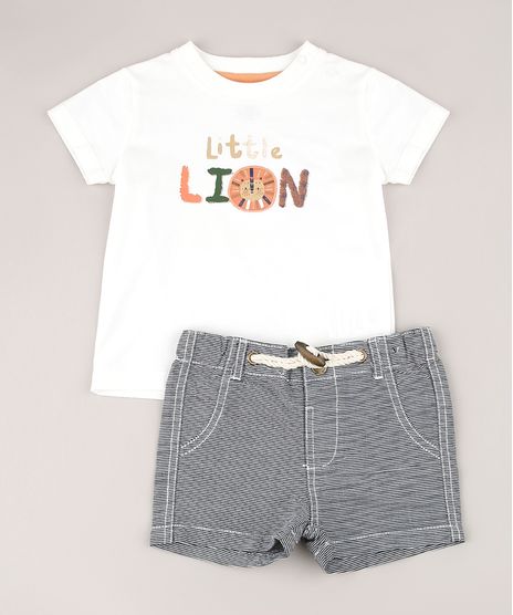 Conjunto-Infantil-de-Camiseta--Little-Lion--Manga-Curta-Off-White---Bermuda-Listrada-Chumbo-9574529-Chumbo_1