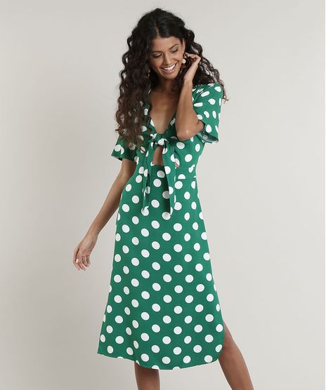 Vestido-Feminino-Midi-Estampado-de-Poa-com-No-Manga-Curta-Verde-9643842-Verde_1