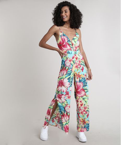 Macacao-Feminino-Estampado-Floral-Tropical-com-Fenda-e-Vazado-Decote-V-Alcas-Finas-Azul-9630045-Azul_1