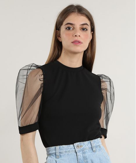 Blusa Feminina Mindset Com Tule Manga Bufante Decote Redondo Preta