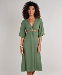 Vestido-Feminino-Midi-Canelado-com-Vazado-Manga-3-4-Verde-Militar-9588311-Verde_Militar_1