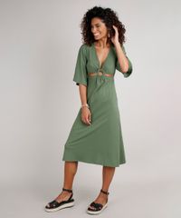 Vestido-Feminino-Midi-Canelado-com-Vazado-Manga-3-4-Verde-Militar-9588311-Verde_Militar_3