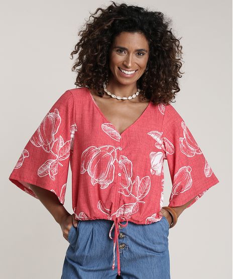 Blusa-Feminina-Estampada-de-Folhagem-Manga-3-4-Decote-V-Coral-9694157-Coral_1