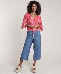 Blusa-Feminina-Estampada-de-Folhagem-Manga-3-4-Decote-V-Coral-9694157-Coral_3