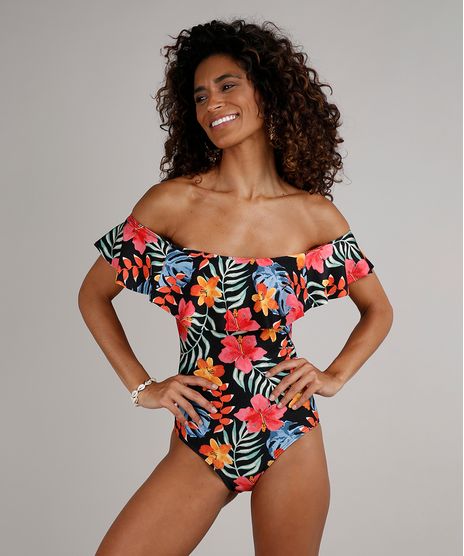 Maio-Body-Ombro-a-Ombro-com-Babado-Estampado-Tropical-Sem-Bojo-Protecao-UV-50--Preto-9671304-Preto_1