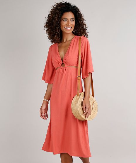 Vestido-Feminino-Midi-Canelado-com-Vazado-Manga-3-4-Coral-9588311-Coral_1