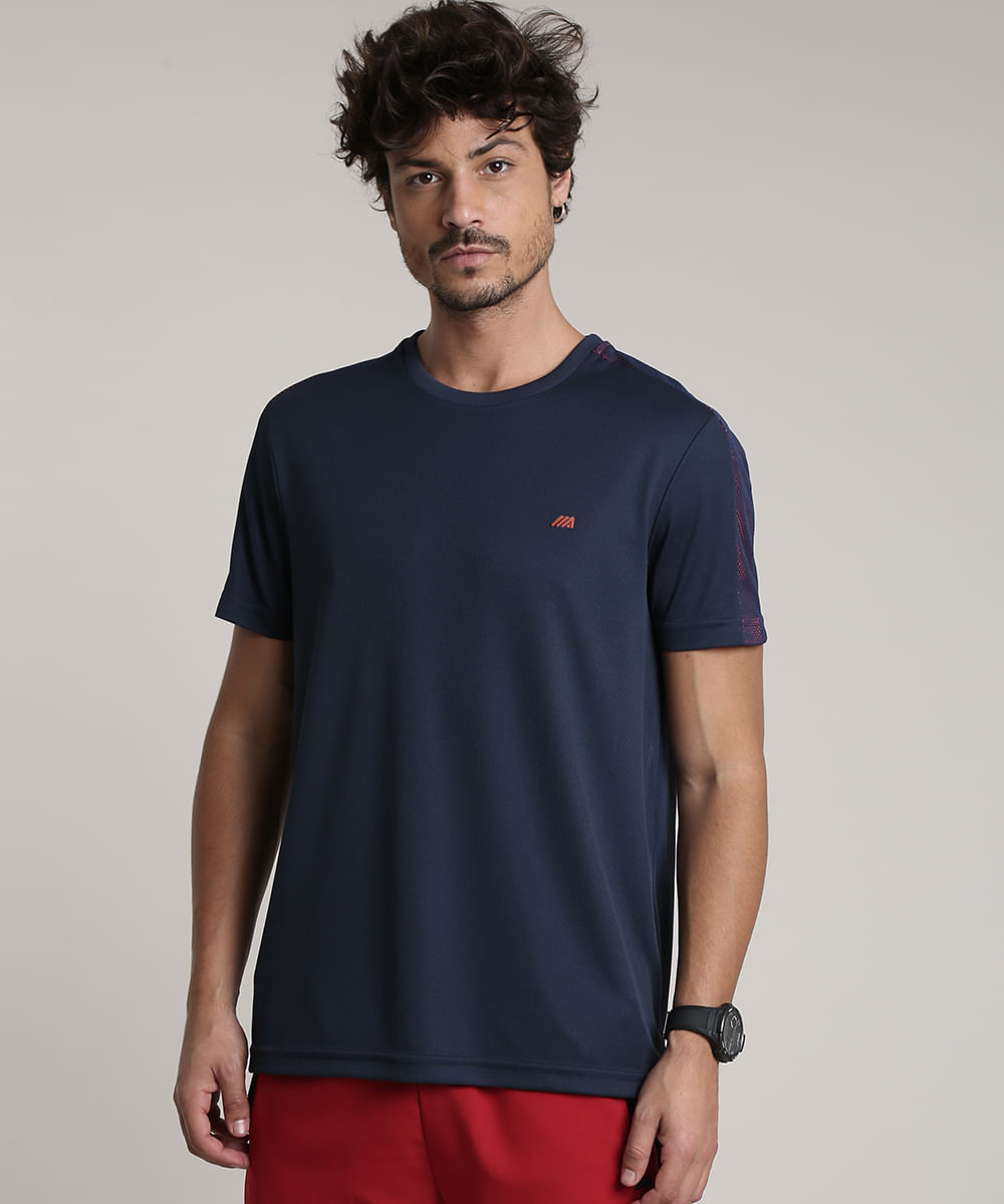 Camiseta Masculina Manga Curta Esportiva Ace Gola Careca com Tela Azul Marinho