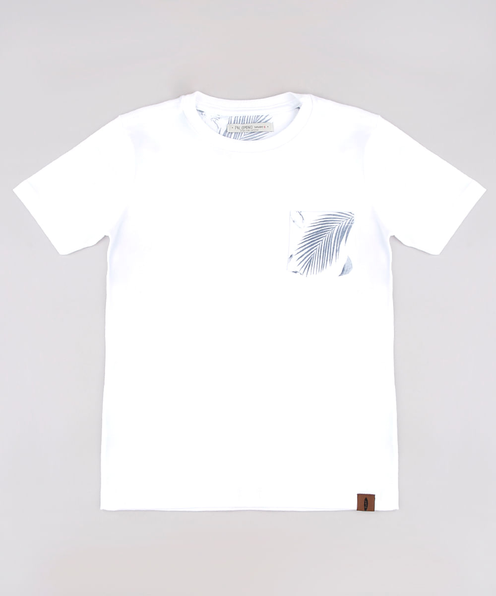 Camiseta Infantil com Bolso Estampado de Folhagem Manga Curta Off White