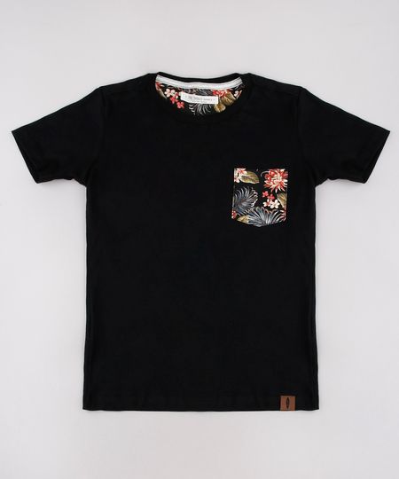 Camiseta-Infantil-com-Bolso-Estampado-de-Folhagem-Manga-Curta-Preto-9758985-Preto_1