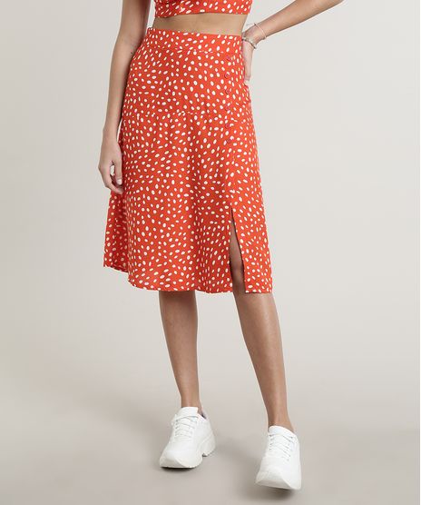 Saia-Feminina-Midi-Estampada-de-Poa-com-Fenda-Vermelha-9715769-Vermelho_1