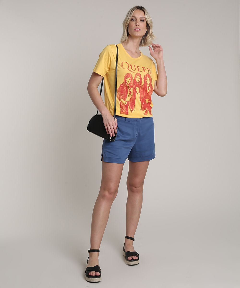 Blusa Feminina De Banda Queen Ampla Manga Curta Decote Redondo Amarela Cea